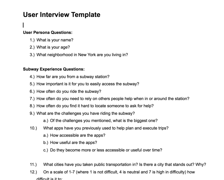 screenshot of user interview template from google doc